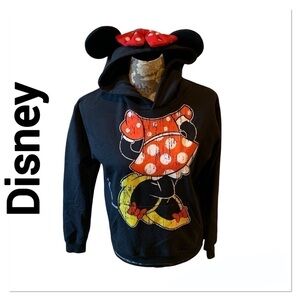 DISNEY Minnie Mouse Black Hooded Sweatshirt with Ears size Small pullover